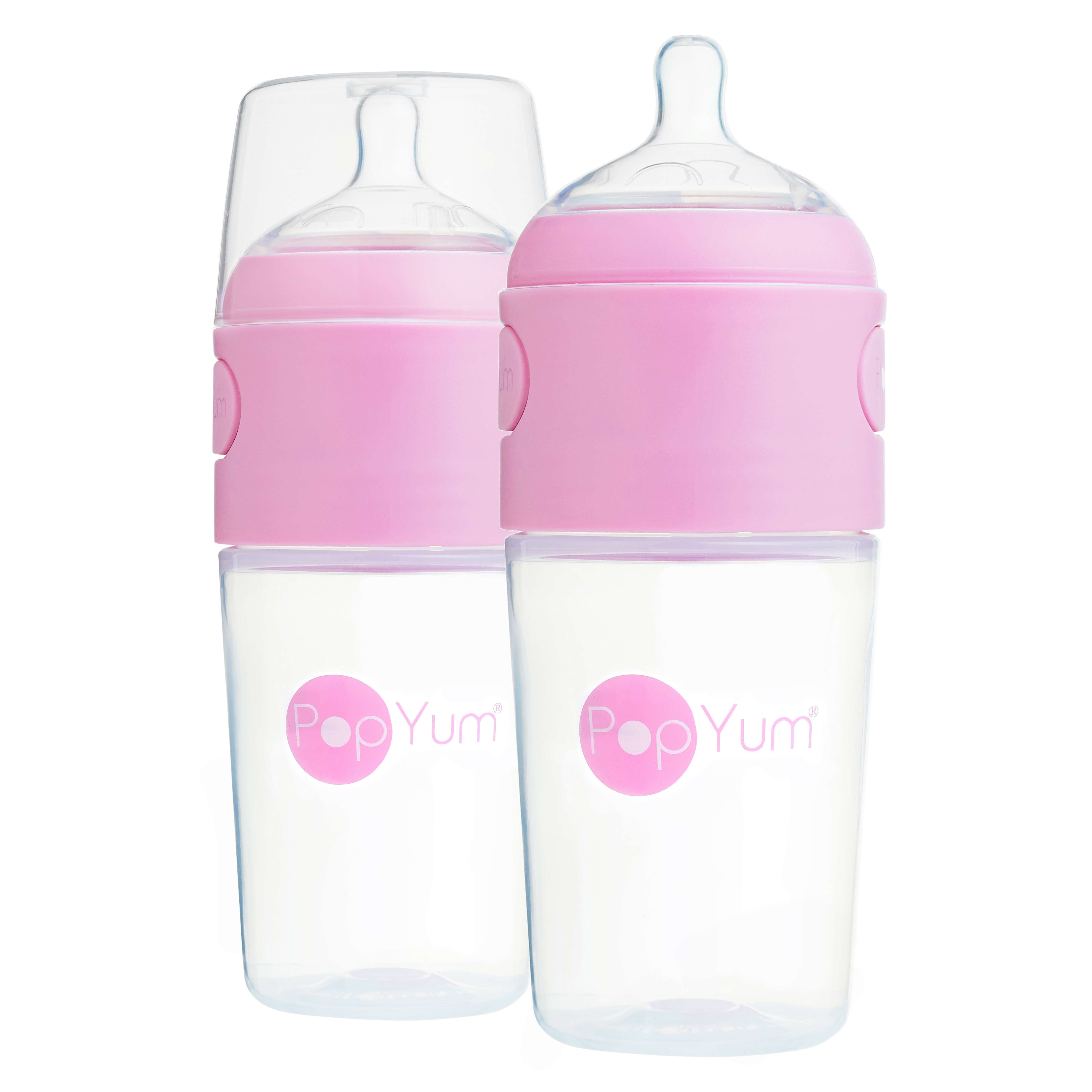 PopYum 9oz Anti-Colic Baby Bottle for Breast and Formula Feeding, 2-Pack, Pink, #2 Medium Flow Nipples