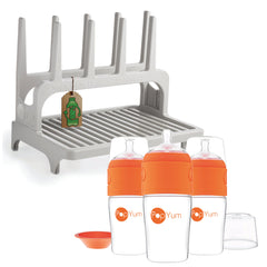 PopYum 9 oz Orange Formula Making Baby Bottle 3-Pack with Gray Drying Rack Bundle
