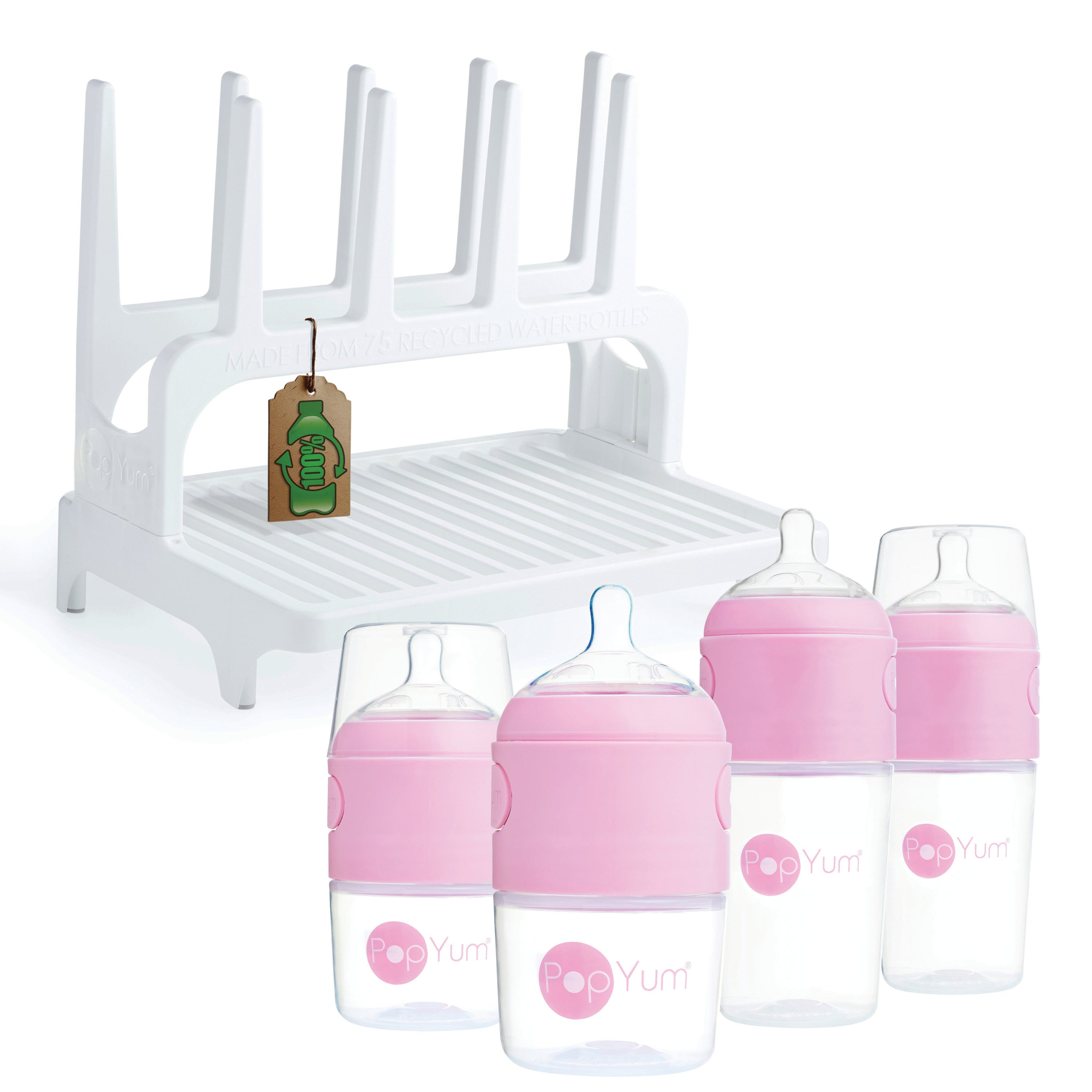 PopYum Pink Formula Making Baby Bottle 4-Pack Set with White Drying Rack Bundle