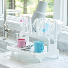 PopYum Glacier White Drying Rack from 100% Recycled Bottles with Silicone Drying Mat, countertop for Baby Bottles, Plastic Bags, Cups, Compact