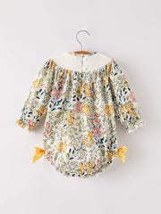 Fall  Embroidery Smocking Bow Floral Leaf Baby Girls Romper