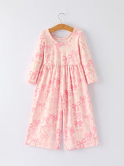 Girls Pink Bow Print Long Sleeve Jumpsuit