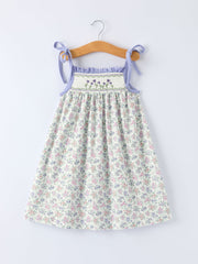 Spring Purple Floral Embroidered Smocked Bow Girl Dress