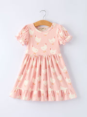 Farm Spring Chicken Print Girls Ruffle Dress