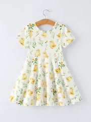 Easter Chick Floral Girls Twirl Short Sleeve Dress