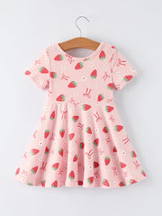 Strawberry Bow Girls Short Sleeves Dress