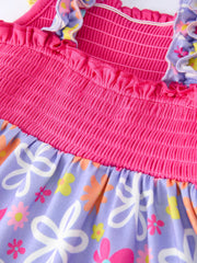Summer Floral Girls Bow Ruffle Smocked Dress