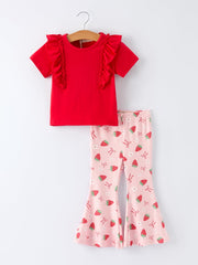 Strawberry Bow Girls Ruffle Top and Bell Bottoms Set
