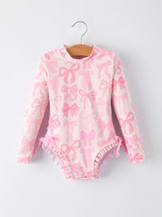 Summer Bow Print Girls Long Sleeve Ruffle One Piece Swimsuit