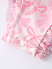 Summer Bow Print Girls Long Sleeve Ruffle One Piece Swimsuit