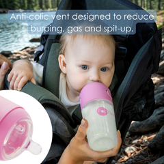PopYum 9oz Anti-Colic Baby Bottle for Breast and Formula Feeding, 2-Pack, Pink, #2 Medium Flow Nipples