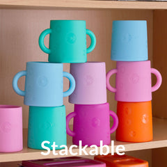 PopYum Silicone Training Cup 2-Pack for Baby and Toddler, handles, BPA Free, self feeding training, tumbler (mint green and pastel pink)