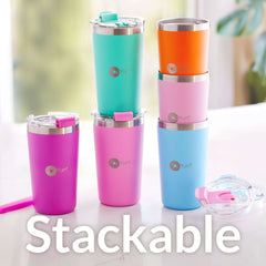 PopYum 13oz Insulated Stainless Steel Kids’ Cups with Lid and Straw, 2-Pack, Green & Pink, stackable, sippy, baby, child, toddler, tumbler