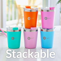 PopYum 9oz Insulated Stainless Steel Kids’ Cups with Lid and Straw, 2-Pack, Green & Pink, stackable, sippy, baby, child, toddler, tumbler
