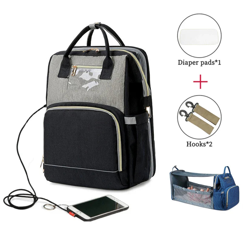 USB Diaper Bag Backpack – Foldable, Large, Insulated Mom Tote