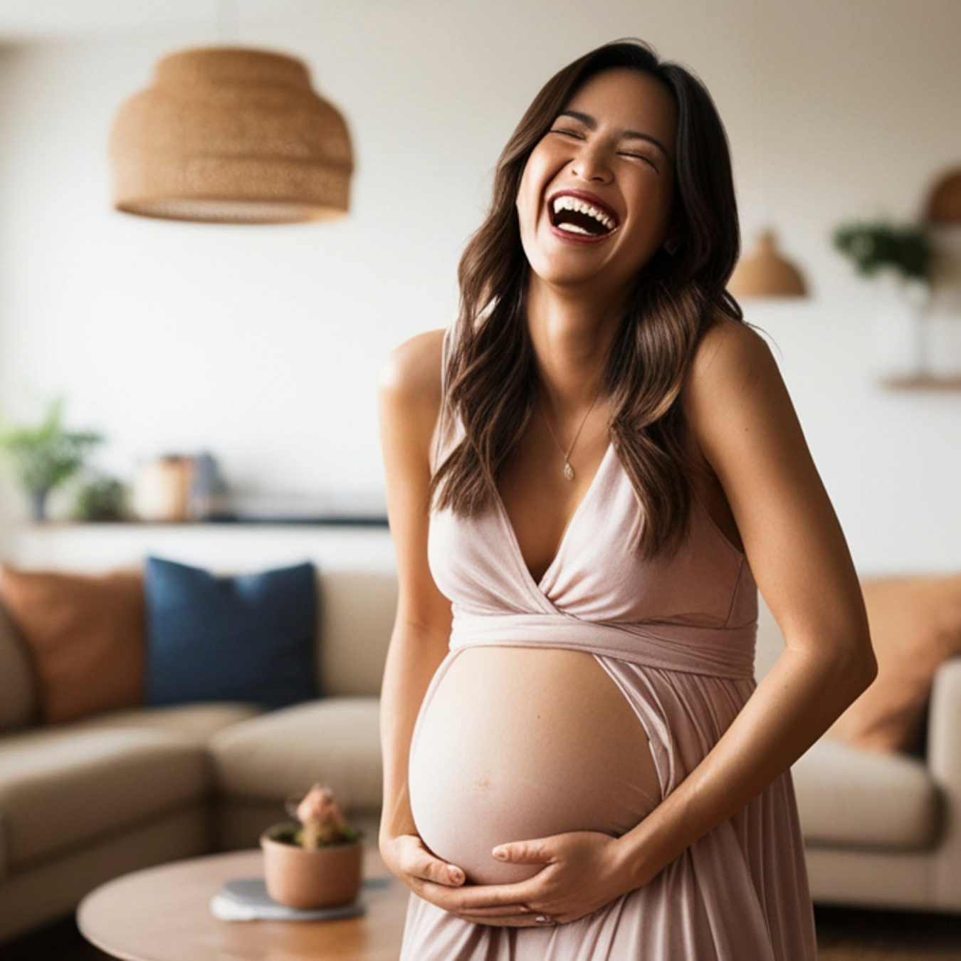 Mother holding a smiling baby inside a warm home environment