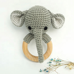 Handmade Organic Cotton Rattle Ring Teether · Elephant Design · Grey body with Black Features